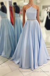 Backless Beading Spaghetti Straps A Line Light Blue Long Semi Formal Prom Dresses